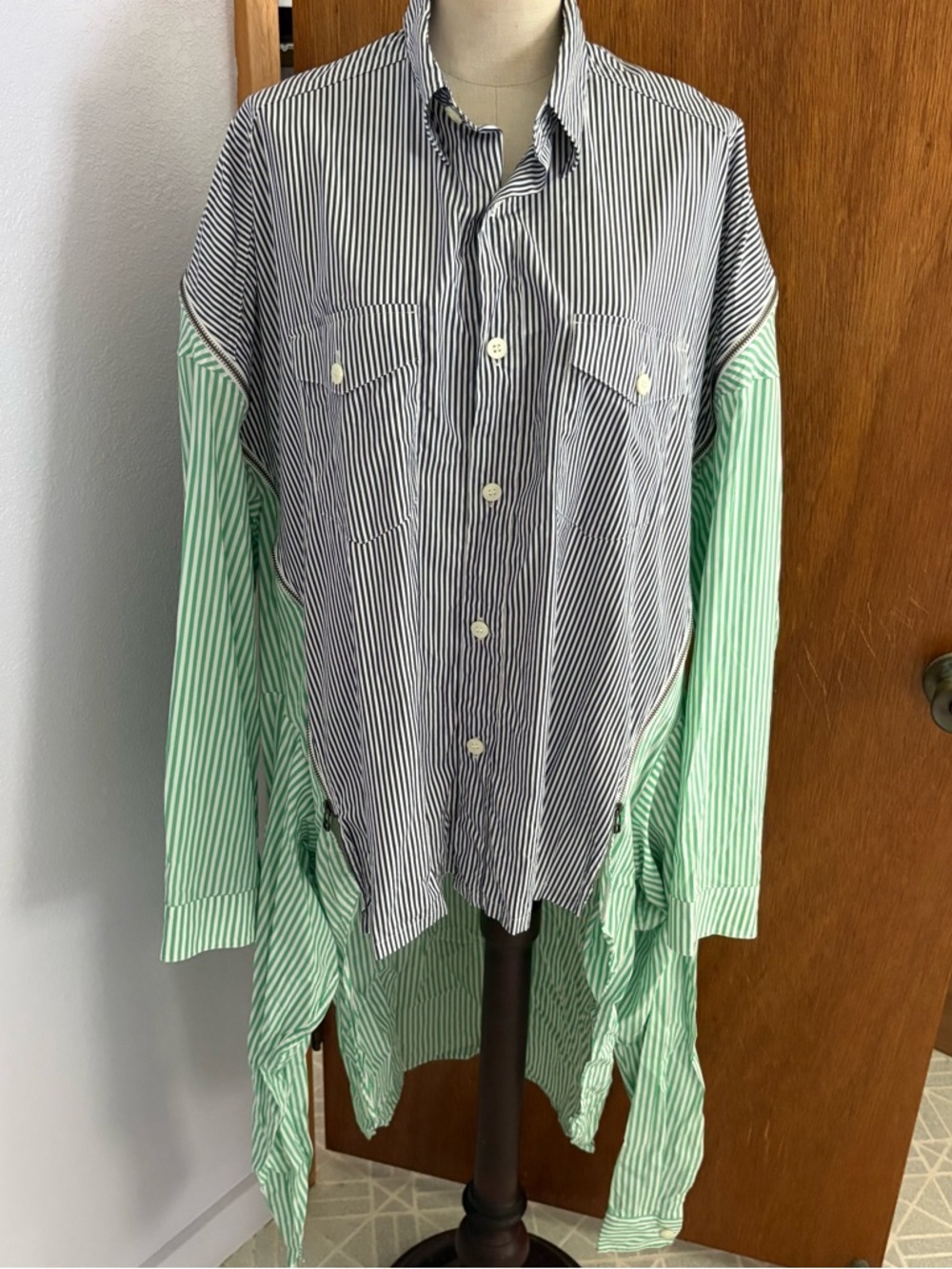 FACETASM sz 4 Double Shirt High Low Blue Green Striped Long Sleeve Zipper